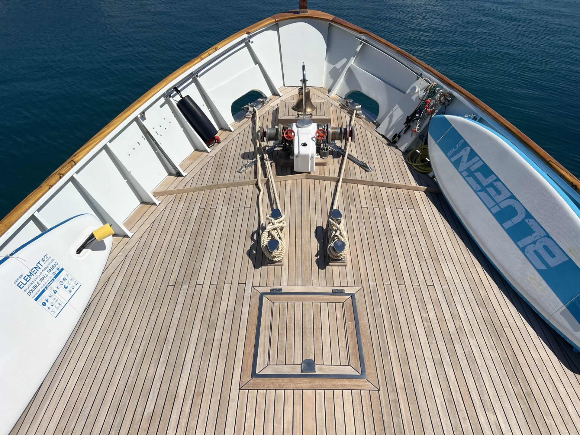 Bow of classic motor yacht for charter